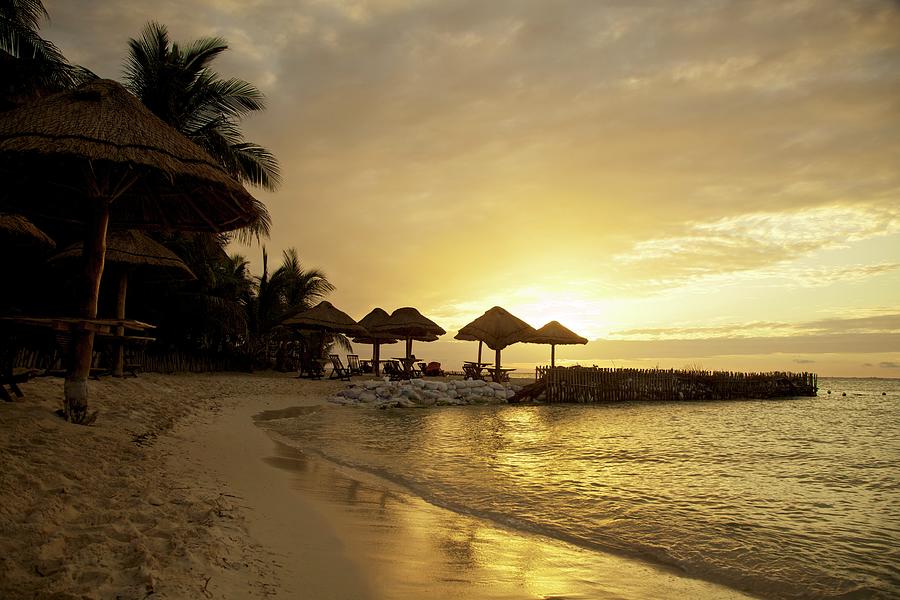 Silhouetted Golden Sunset On Beach, Isla Mujeres, Mexico Digital Art by ...