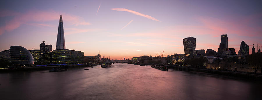 Architecture Digital Art - Silhouetted Panoramic View Of Thames River From Tower Bridge At Dusk, London, Uk by Ben Pipe Photography