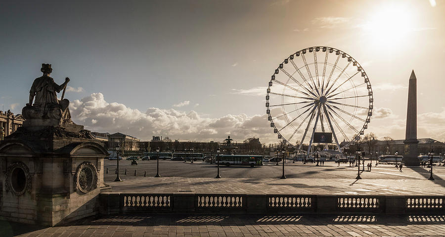 Architecture Digital Art - Silhouetted Statue And Grande Roue Ferris Wheel At Dusk, Paris, France by Walter Zerla