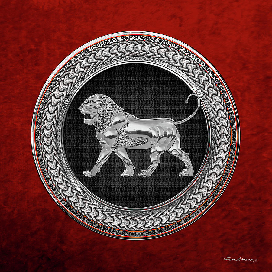 Silver Assyrian Lion on Black and Silver Medallion over Red Velvet Digital Art by Serge Averbukh