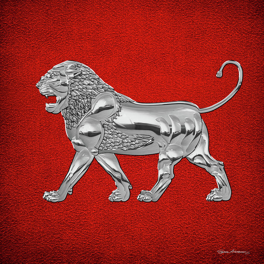 Silver Assyrian Lion over Red Leather Digital Art by Serge Averbukh