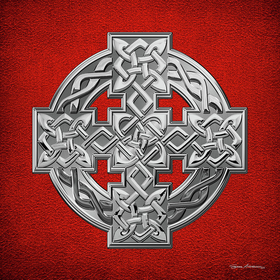 Silver Celtic Knot Cross over Red Leather Digital Art by Serge Averbukh