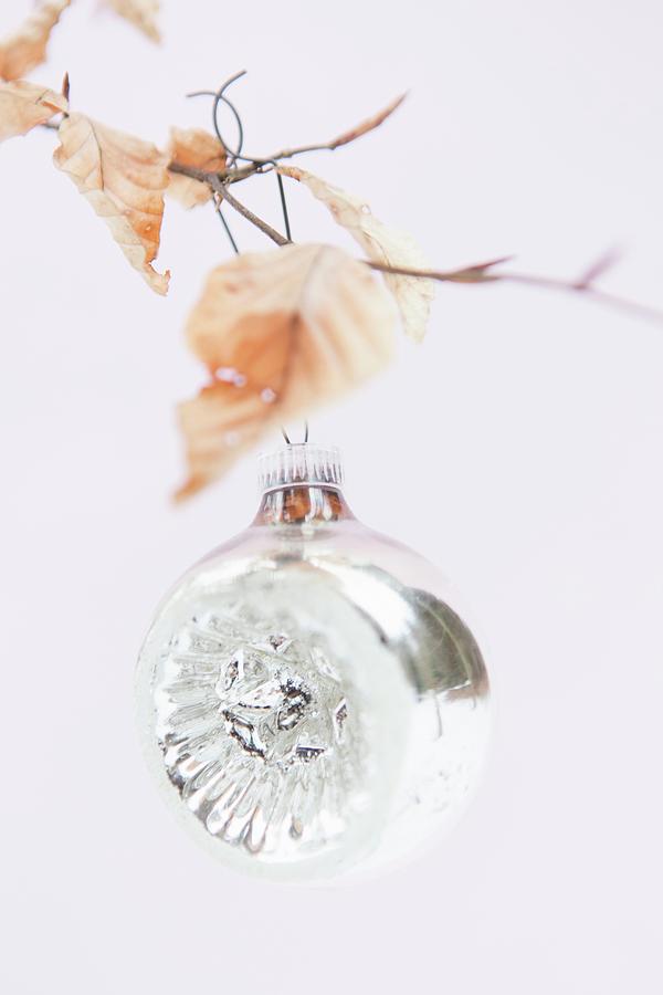 Silver Christmas Bauble Hanging From Birch Twig With Dry Leaves Photograph by Anneliese Kompatscher
