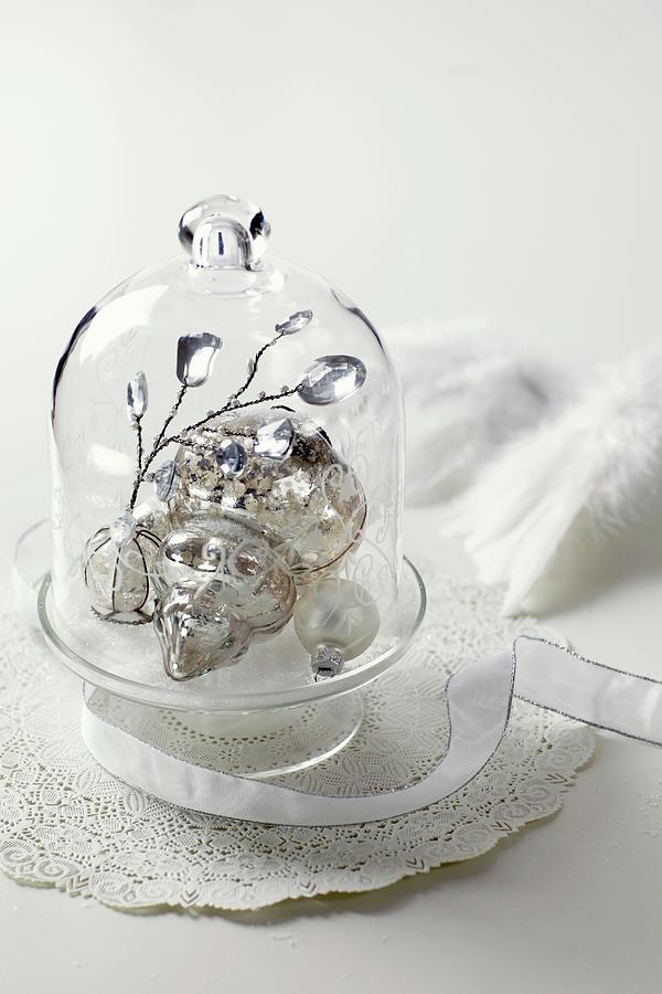 Silver Christmas Decorations Under Glass Cover Photograph by Pics On-line / June Tuesday
