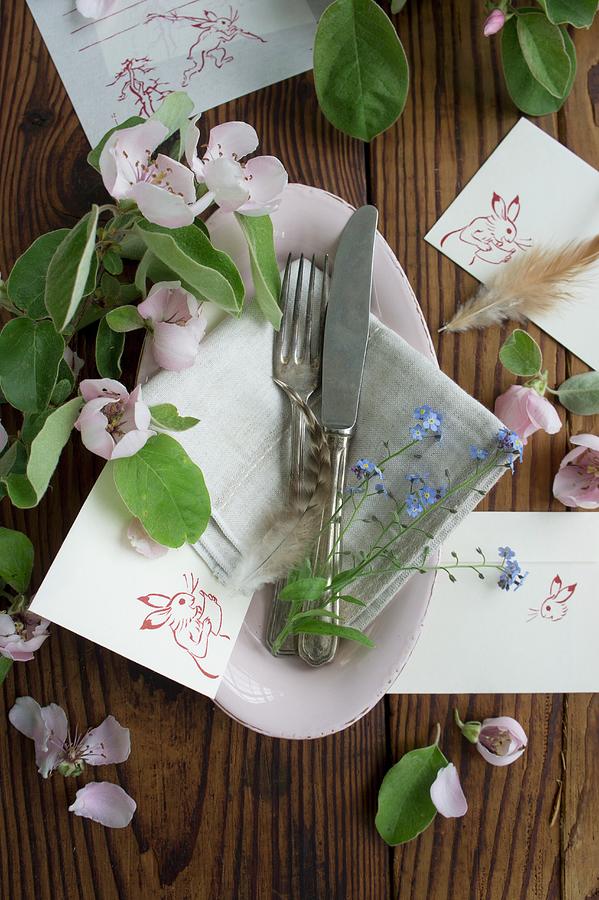 Silver Cutlery, Flowers And Easter Place Cards In Dish Photograph by Martina Schindler