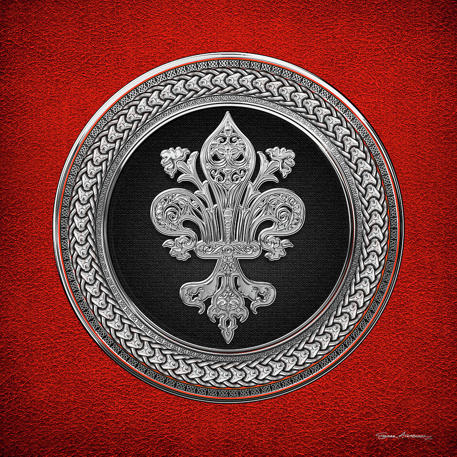 Silver Filigree Fleur-de-Lis on Silver and Black Medallion over Red Leather Digital Art by Serge Averbukh