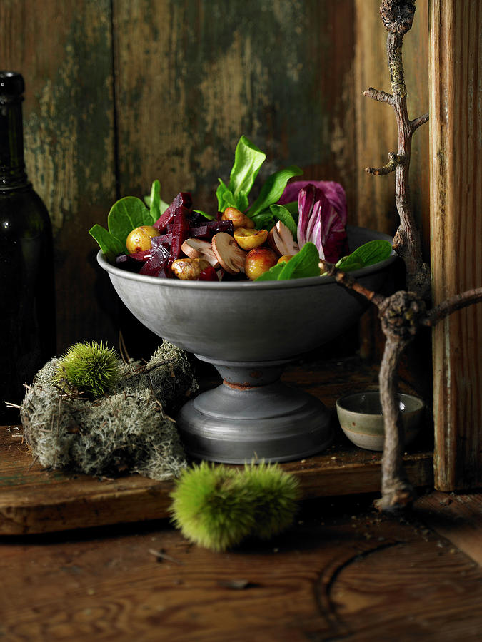 Silver Fruit Bowl Of Salad With Glazed Chestnuts, Mushrooms And Fruits Photograph by Jalag / Wolfgang Kowall