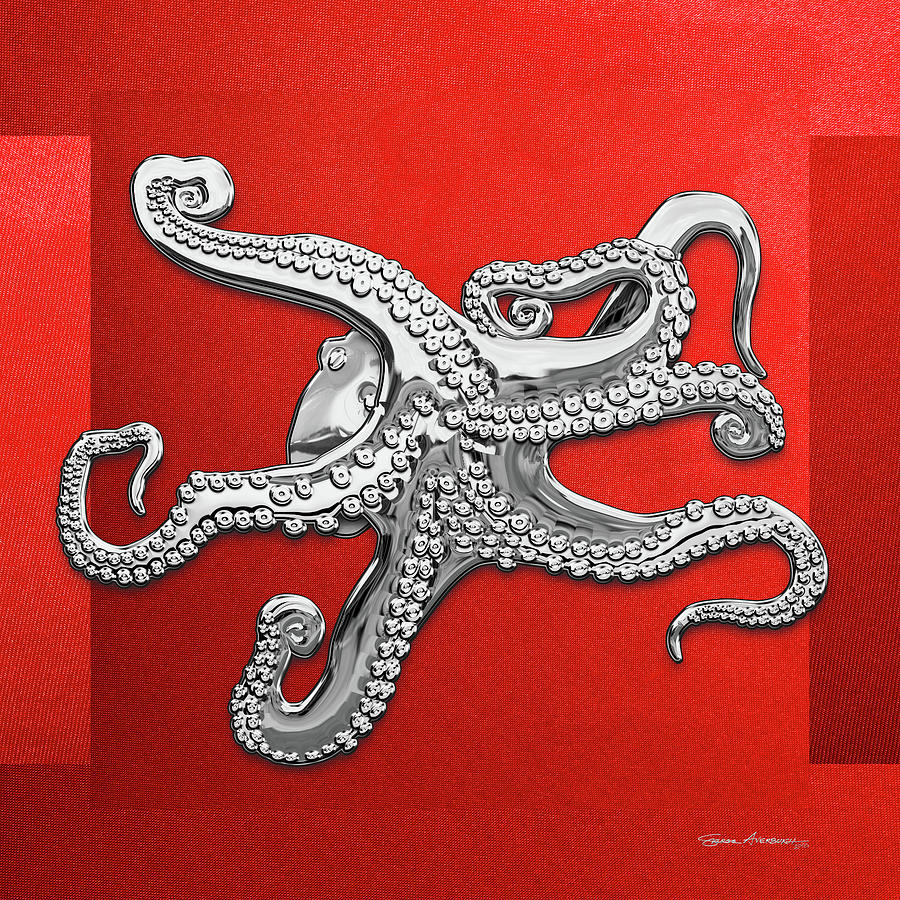Silver Octopus on Red Canvas Digital Art by Serge Averbukh