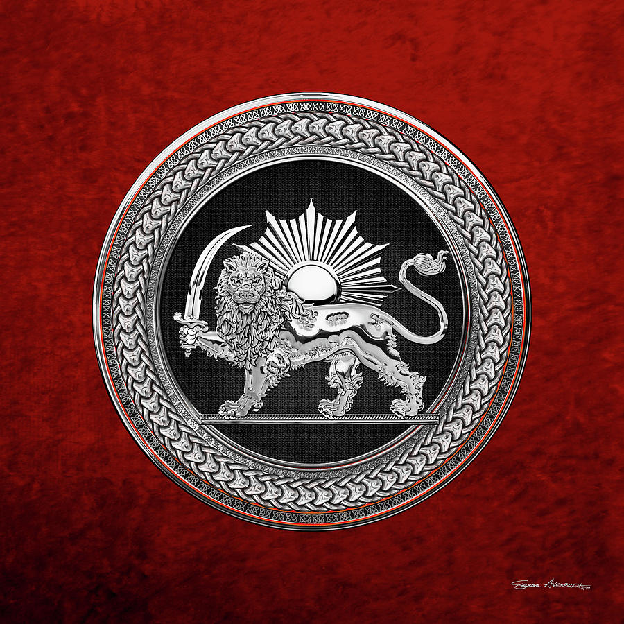 Silver Persian Lion and Sun over Red Velvet Digital Art by Serge Averbukh