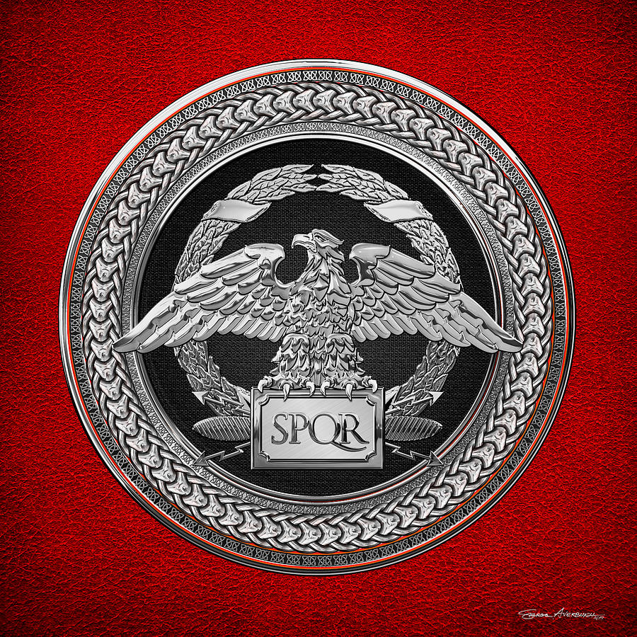 Silver Roman Imperial Eagle over Black and Silver Medallion on Red Leather Digital Art by Serge Averbukh