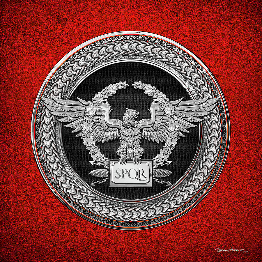Silver Roman Imperial Eagle -  S P Q R  Medallion Edition over Red Leather Digital Art by Serge Averbukh