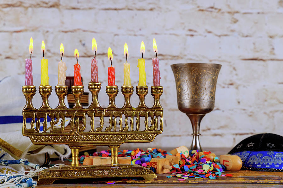 Hanukkah Photograph - Silver Traditional Hanukkah Candles All Candle Lite On The Menorah by Cavan Images