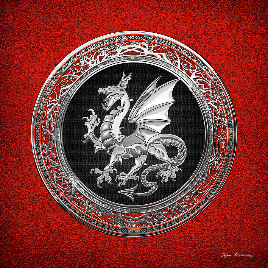 Silver Winged Norse Dragon - Icelandic Viking Landvaettir on Black and Silver Medallion over Red  Digital Art by Serge Averbukh