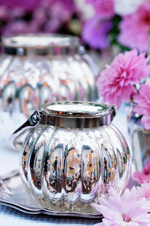 Silvered Glass Lantern As Autumn Table Decor Photograph by Angelica Linnhoff
