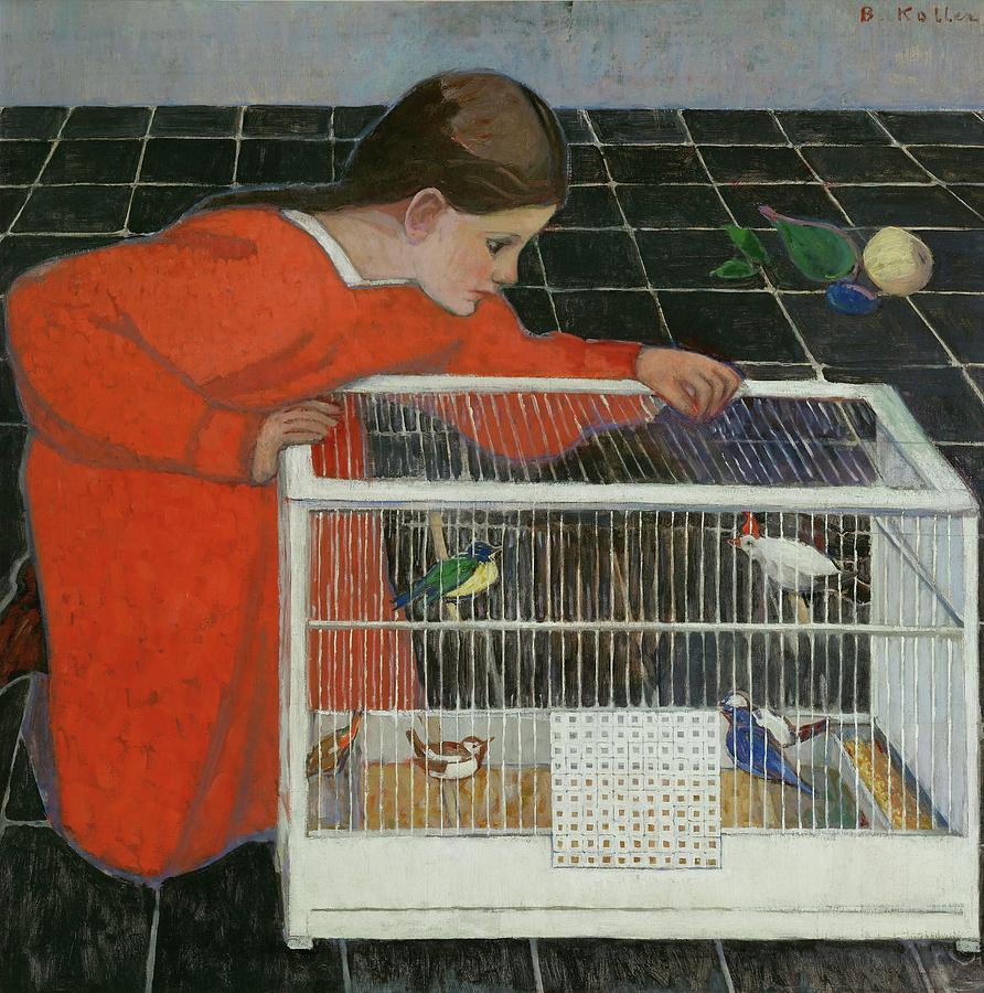 Silvia Koller mit Vogelkaefig - Silvia Koller with bird-cage,1907-08. Oil on canvas,100 x 100 cm. Painting by Broncia Koller-Pinell