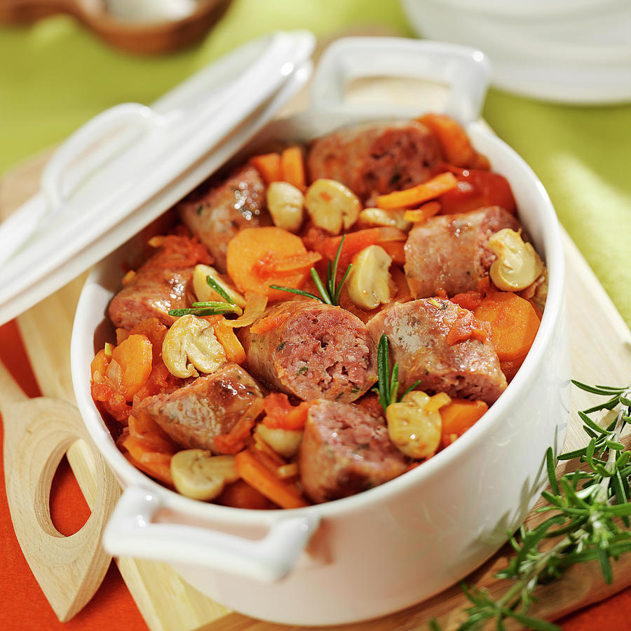Simmered Saucisses De Toulouse ,carrots And Tomatoes Photograph by Bertram