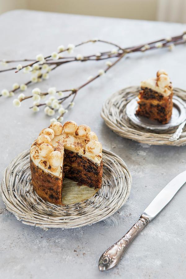 Simnal Cake On A Wicker Plate With A Sprig Of Catkins Photograph by Aniko Takacs