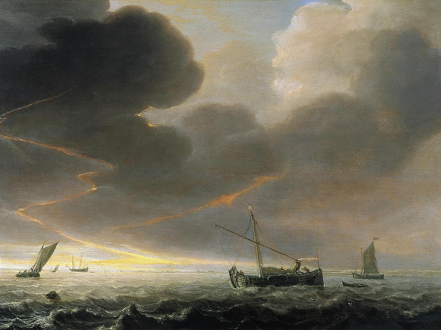 Simon De Vlieger -Rotterdam, c.1601-Weesp, 1653-. Thunderstorm off the Coast -ca. 1645 - 1650-. O... Painting by Simon de Vlieger -1601-1653-