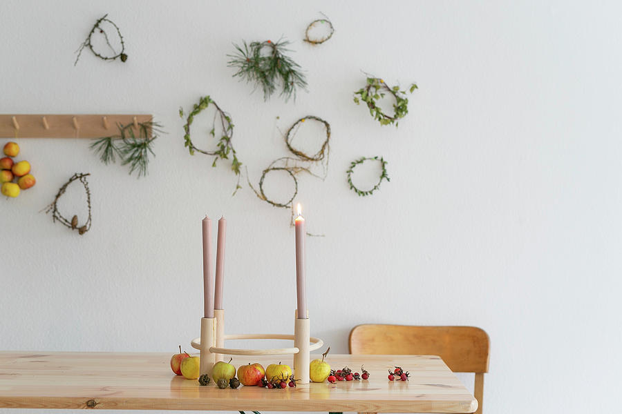 Simple Advent Wreath, Apples And Rosehips On Table Photograph by Syl Loves