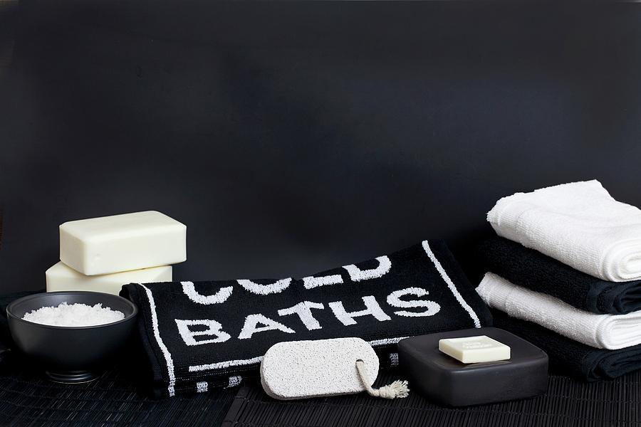 Simple, Black And White Spa Decoration With Soaps And Lettering On Towel Photograph by Uwe Merkel