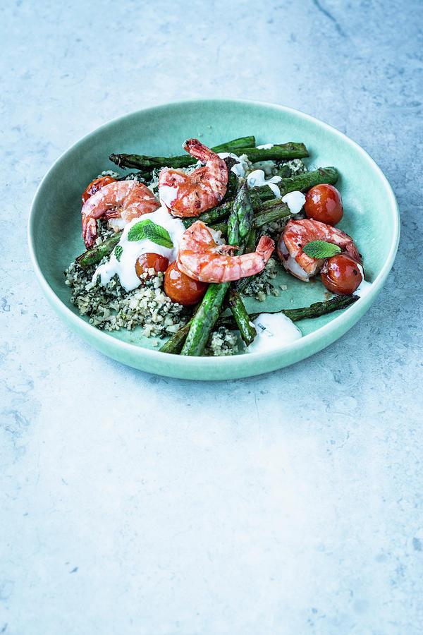 Simple Cauliflower Rice With Asparagus And Prawns Photograph by Simone Neufing