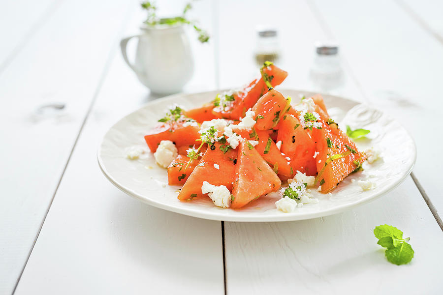 Simple Summer Salad With Watermelon, Feta And Fresh Herbs Photograph by Osmykolorteczy