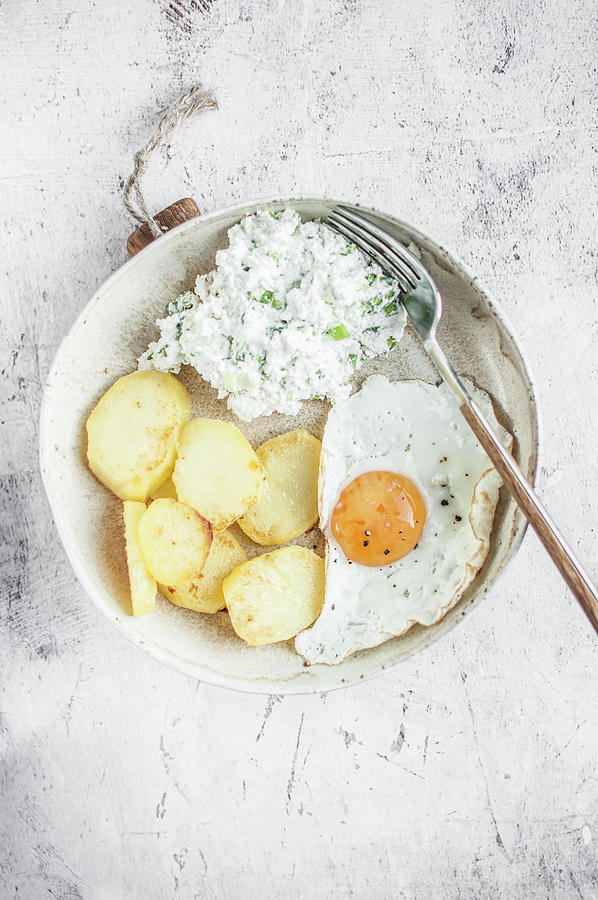 Simple Vegetarian Lunch. Fried Egg, Fried Potatoes And Cottage Cheese With Green Onion. Photograph by Kachel Katarzyna