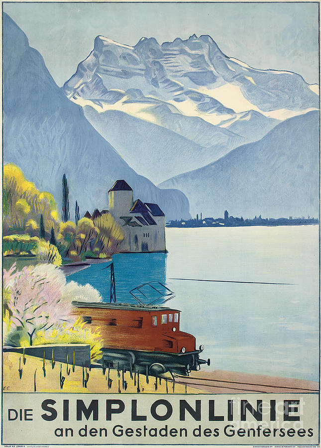 Simplonlinie, Poster Advertising Rail Travel Around Lake Geneva Drawing by Emil Cardinaux