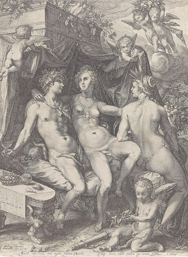 Sine Bacchus et Ceres friget Venus Drawing by Jan Saenredam