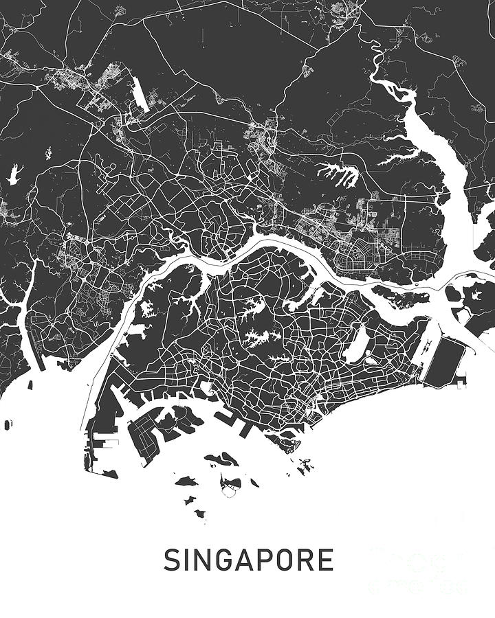 Singapore map black and white Photograph by Delphimages Map Creations