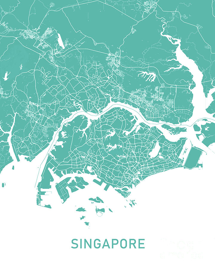 Singapore map teal Digital Art by Delphimages Map Creations