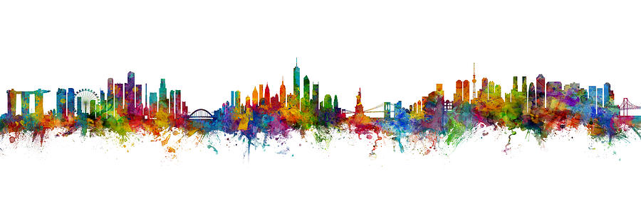 Skyline Digital Art - Singapore, New York, Tokyo Skyline mashup by Michael Tompsett