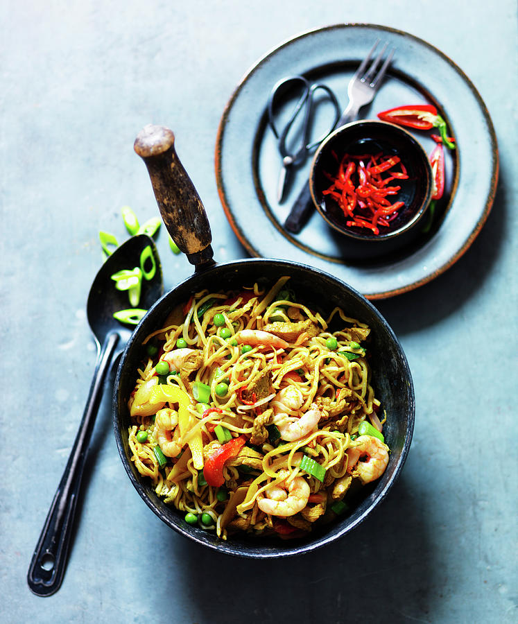 Singapore Noodles With Fish, Shrimp, Chili Peppers, Peas And Peppers asia Photograph by Karen Thomas
