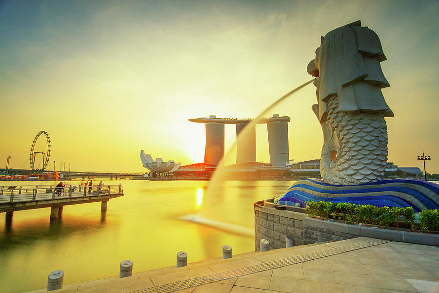 Singapore, Singapore City, Merlion Fountain At Dawn, Marina Bay Sands In The Background Digital Art by Maurizio Rellini