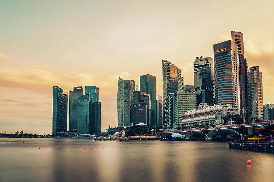 Singapore Skyline At Sunset, Merlion Photograph by D3sign