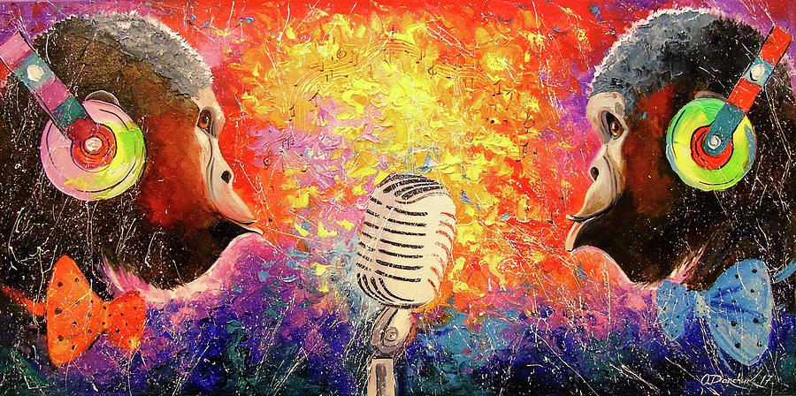 Sing painting. Картины обезьяна с микрофоном. Картина дуэт. Микрофон картина акрилом. Картина из микрофонов.