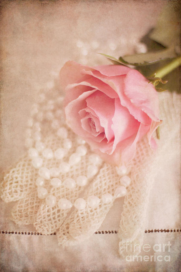 Single Pink Rose With Lace Gloves And White Pearls Photograph by Ethiriel Photography