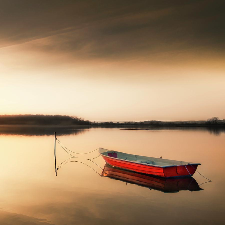 Single Rowboat On Lake At Twilight Digital Art by Manfred Voss