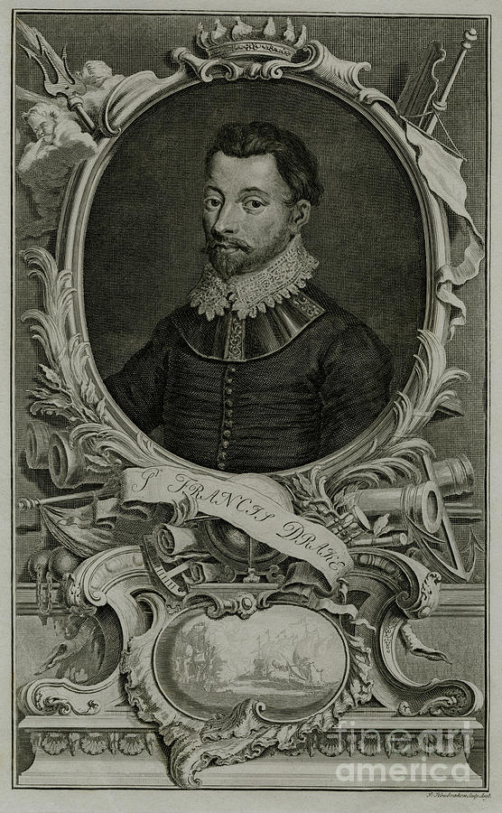 Sir Francis Drake, circumnavigator - scan of original 1746 engraving by ...