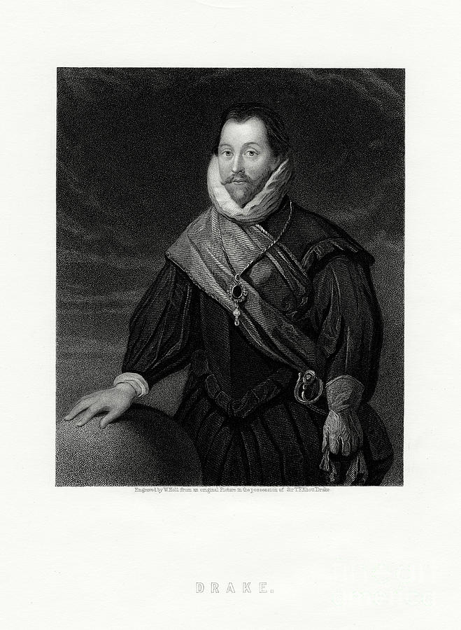Black And White Drawing - Sir Francis Drake, English Privateer by Print Collector