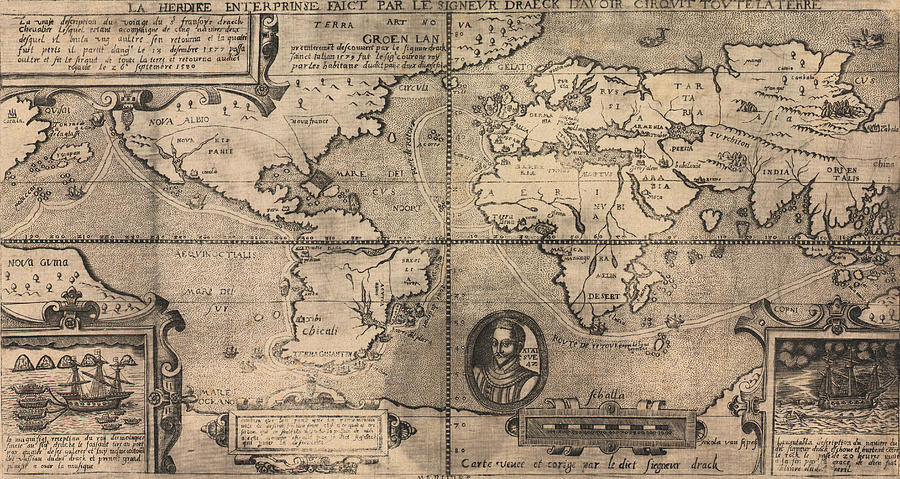 Sir Francis Drake World Map - 1581 Painting by Unknown