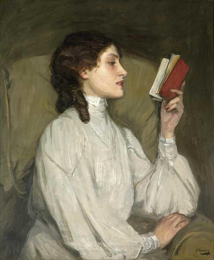 Sir John Lavery Scottish, 1856-1941,  Miss Auras, The Red Book  ca. 1892 Painting by Sir John Lavery