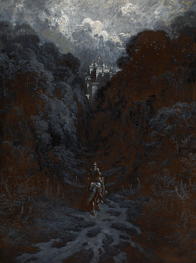 Sir Lancelot Approaching the Castle of Astolat Drawing by Gustave Dore