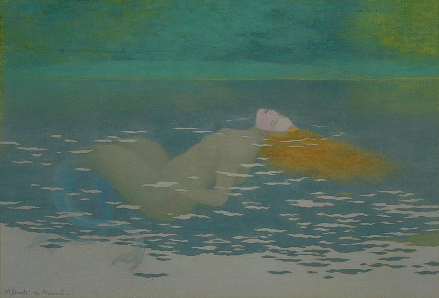 Sirene-Mermaid,1895 Gouache on silk,27 x 39 cm. Painting by Louis-Maurice Boutet de Monvel Louis-Maurice Boutet de Monvel
