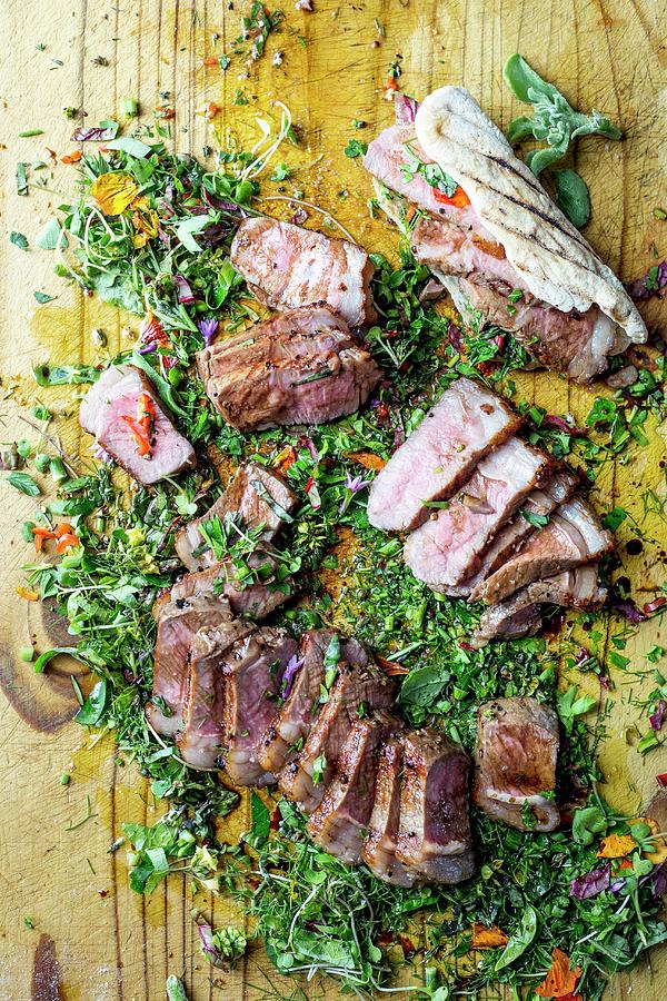 Sirloin Steak With Herbs And Grilled Bread Photograph by Great Stock!