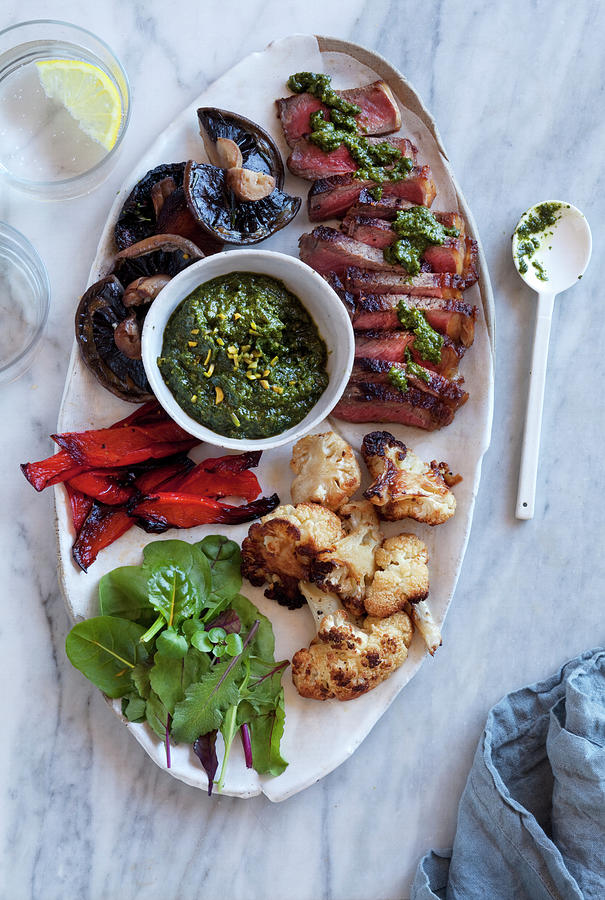 Sirloin Steak With Roast Vegetables And A Herb Dip low Carb Photograph by Louise Hammond