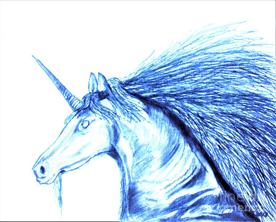 Sister unicorn in Blue Drawing by Barbara Donovan