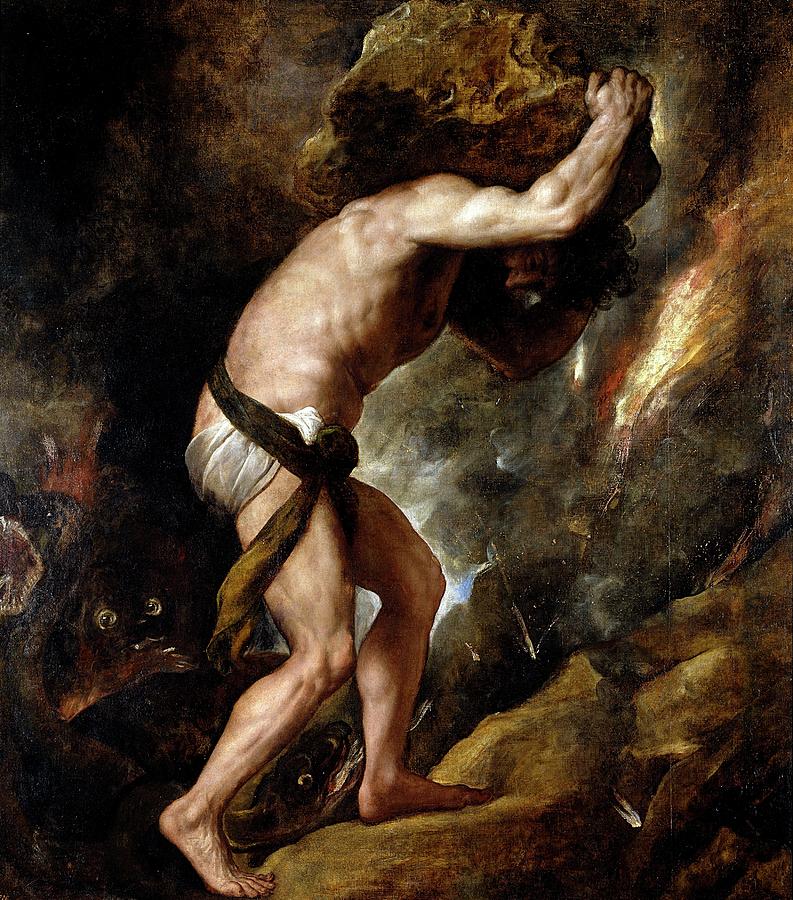 Sisyphus, 1548-1549, Italian School, Oil on canvas, 237 cm x 216... Painting by Titian -c 1485-1576-