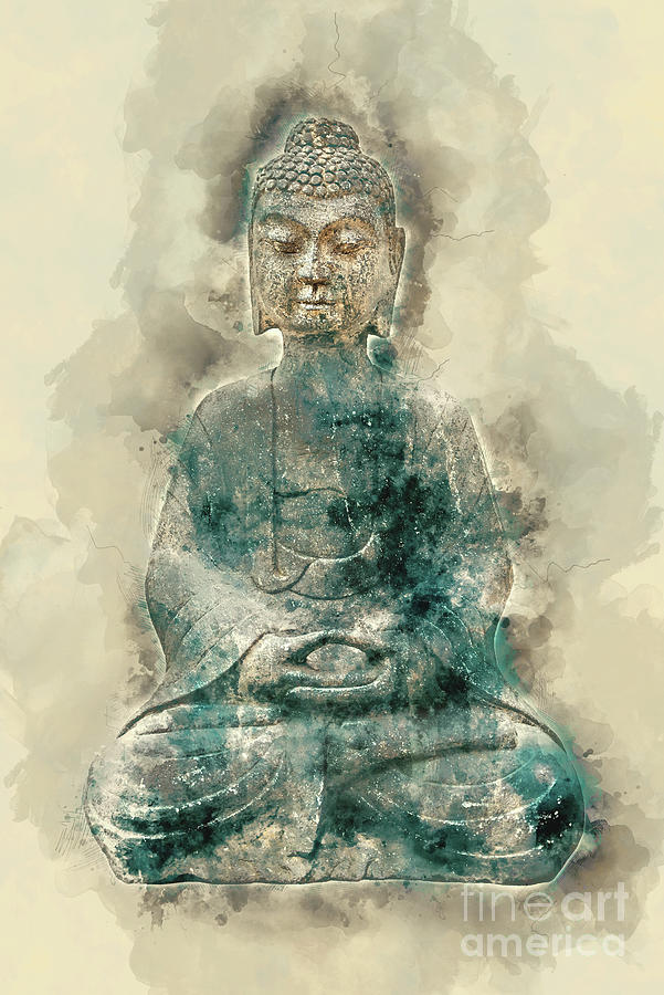 Sitting Buddha watercolor Painting by Delphimages Photo Creations