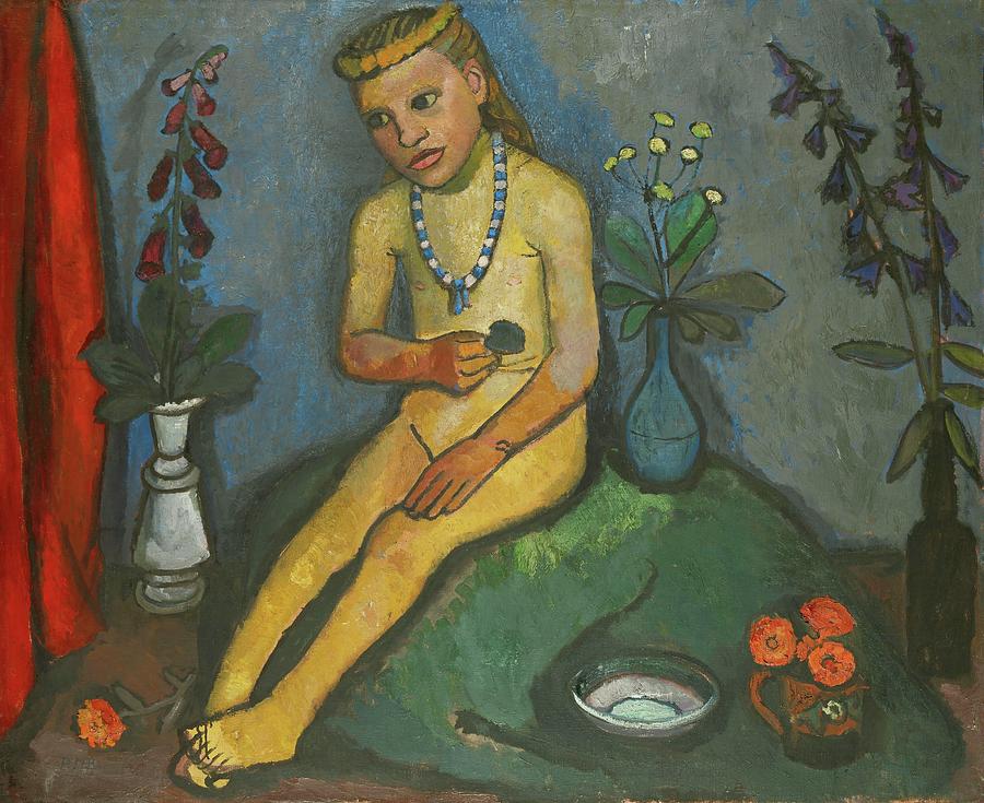Sitzender Maedchenakt mit Blumen. Oil on canvas. Painting by Paula Modersohn-becker